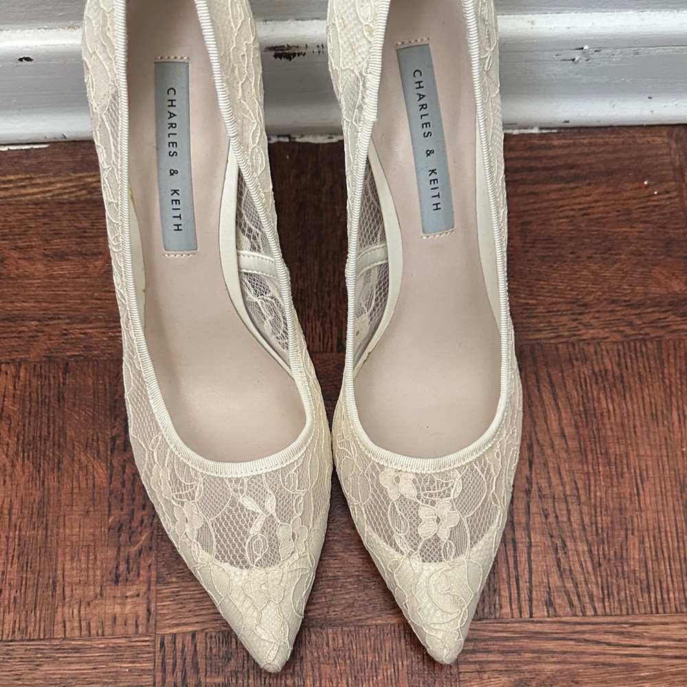 Charles & Keith Ivory Lace Pointed-Toe Heels